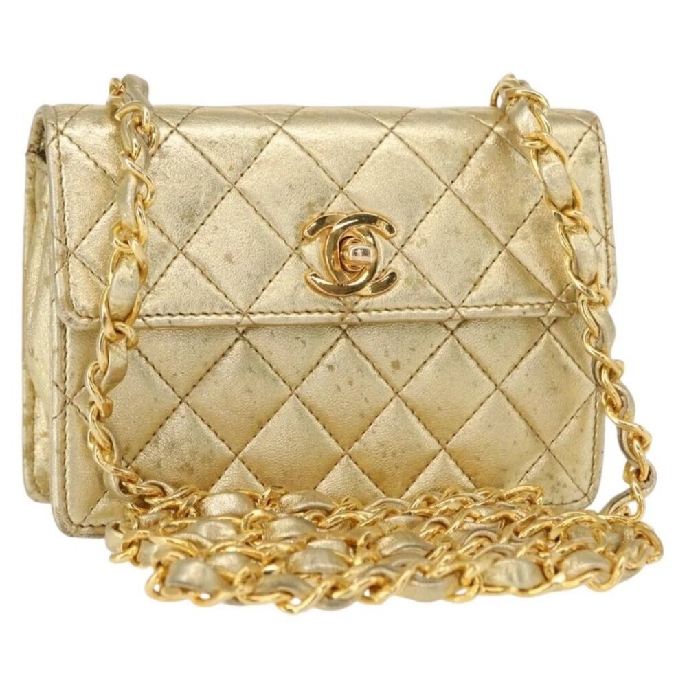 CHANEL Mini Matelasse Chain Shoulder Bag Lamb Skin Gold CC Auth 152962